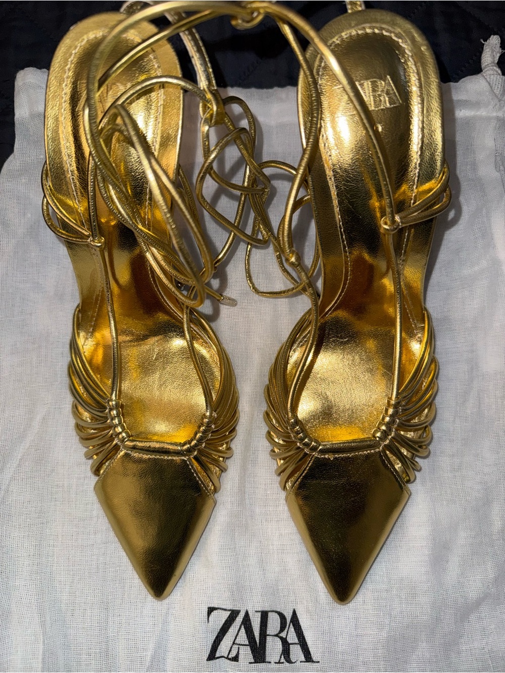 Zara Metallic Gold Strappy Pointed Toe Heels